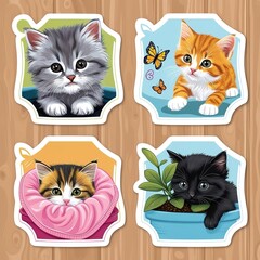 A set of four cute kitten stickers, each in a different adorable pose. Include a fluffy gray kitten, a playful orange tabby, a sleepy calico, and a curious black kitten, all with white borders. Cats.