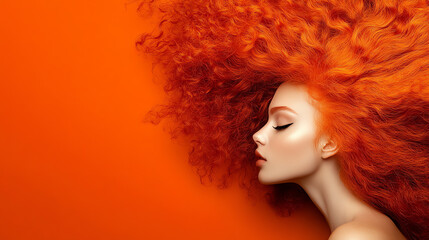 Obraz premium A stunning profile of a woman with voluminous orange hair against a vibrant orange background, showcasing beauty and confidence.