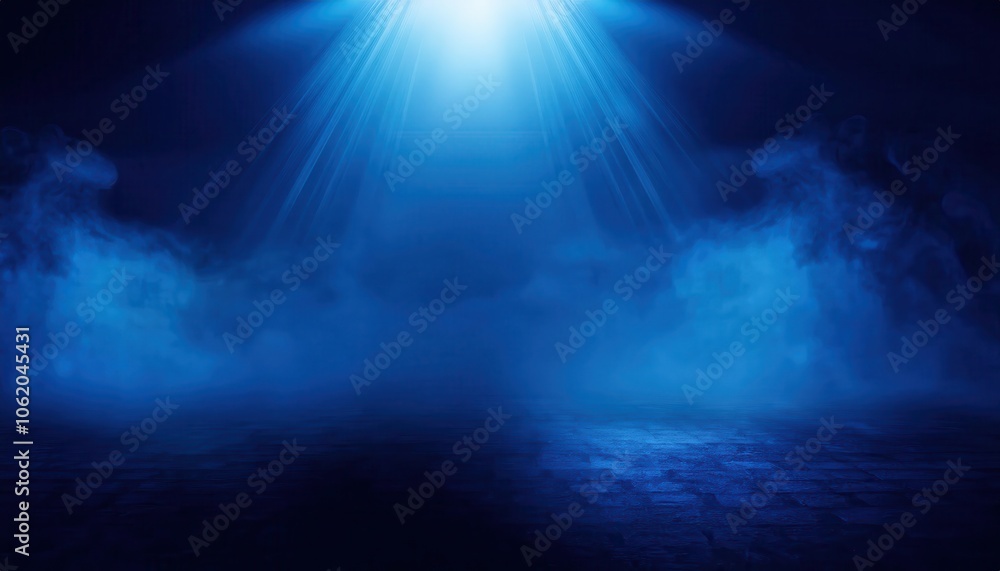 Aufkleber empty stage illuminated by dramatic blue spotlight with mist and shadows, creating a moody and myste