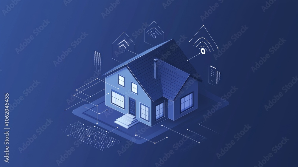 Poster A smart home automation system concept. Internet of things technology of a smart home. Internet of things (IOT) illustration with icons of appliances and a house.