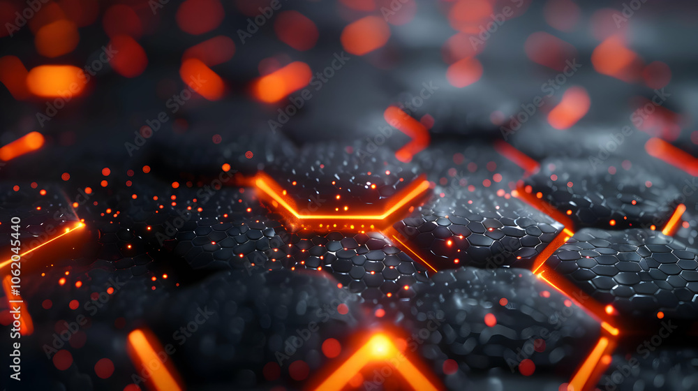 Poster abstract 3d background with glowing orange lines and hexagon pattern