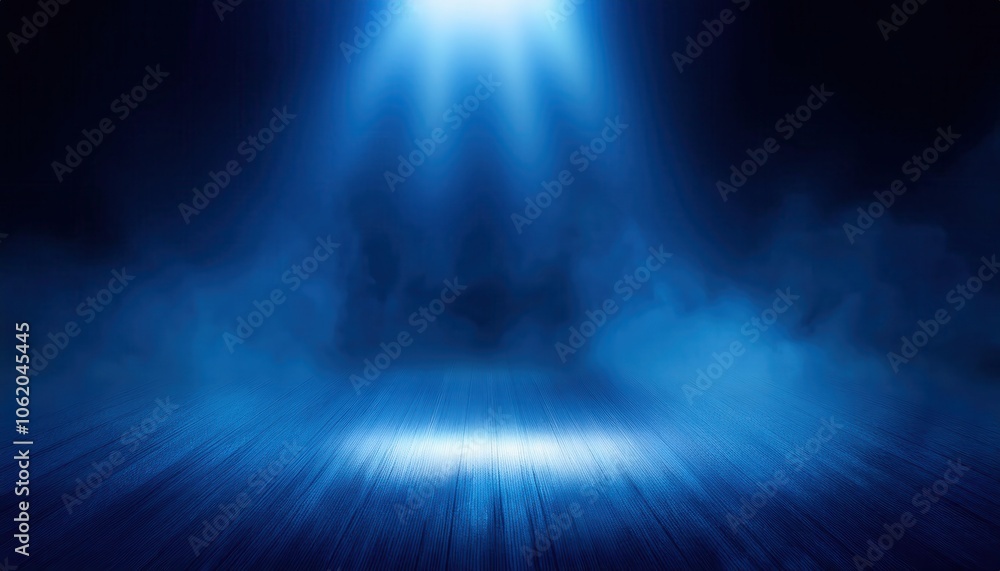 Aufkleber empty stage illuminated by dramatic blue spotlight with mist and shadows, creating a moody and myste