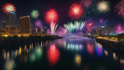 a vibrant cityscape photograph featuring a nighttime skyline with a series of large, colorful fireworks exploding in the sky