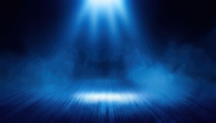 Empty Stage Illuminated by Dramatic Blue Spotlight with Mist and Shadows, Creating a Moody and Mysterious Ambiance for Theater Performances, Presentations, and Inspirational Backgrounds