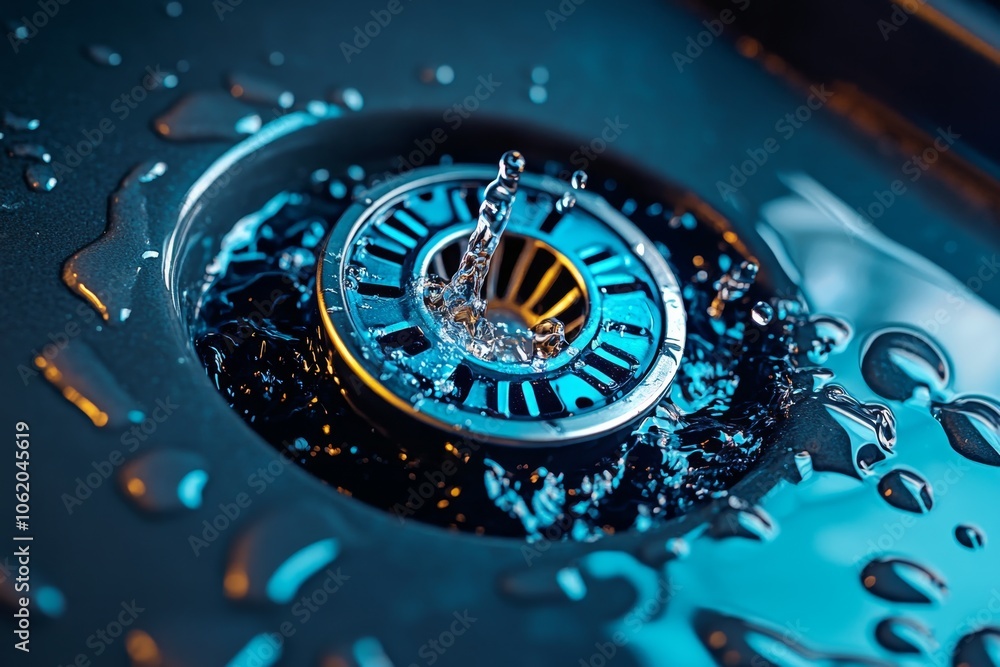 Poster close-up of a clogged sink drain with water slowly swirling, capturing the frustrating yet relatable
