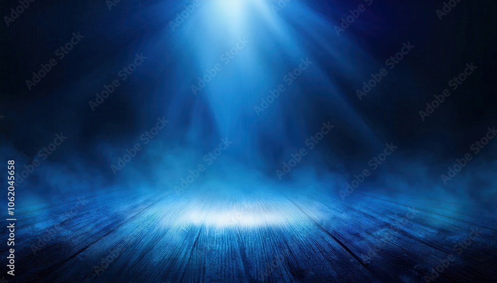 Aufkleber empty stage illuminated by dramatic blue spotlight with mist and shadows, creating a moody and myste
