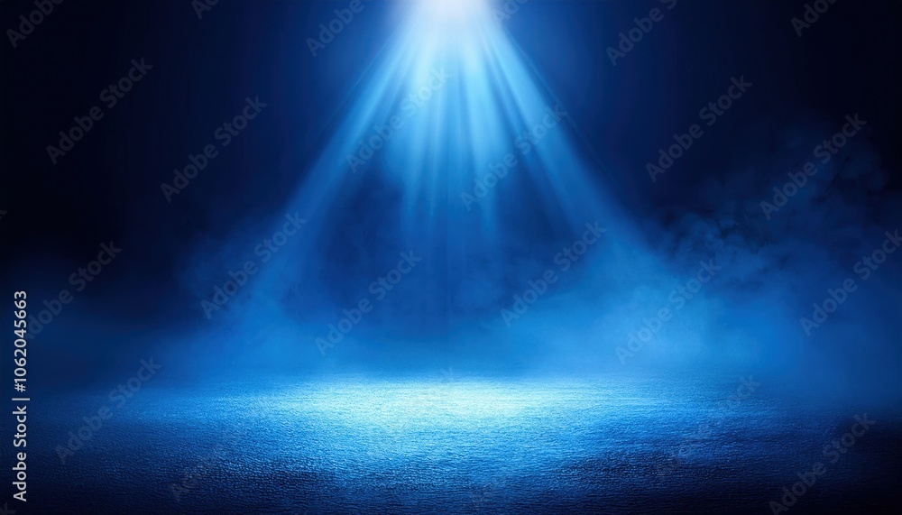 Poster Empty Stage Illuminated by Dramatic Blue Spotlight with Mist and Shadows, Creating a Moody and Mysterious Ambiance for Theater Performances, Presentations, and Inspirational Backgrounds
