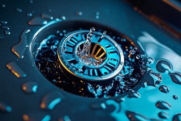 Close-up of a clogged sink drain with water slowly swirling, capturing the frustrating yet relatable scene of plumbing issues, symbolizing patience and persistence