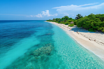 Aerial drone view capturing a sandy beach and turquoise ocean water, creating a stunning contrast in a tropical paradise with a serene coastal atmosphere.
