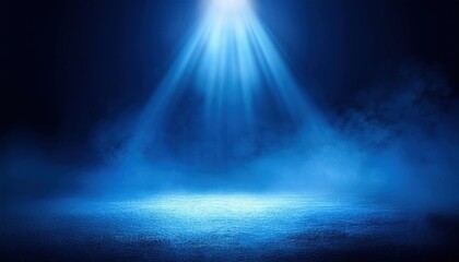 Empty Stage Illuminated by Dramatic Blue Spotlight with Mist and Shadows, Creating a Moody and Mysterious Ambiance for Theater Performances, Presentations, and Inspirational Backgrounds