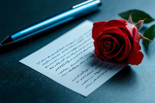 Close-up of a heartfelt letter with a rose, capturing the simple and meaningful expression of a first crush, symbolizing sincerity and nostalgia