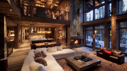 Luxurious rustic interior with high-end finishes and a warm, inviting atmosphere