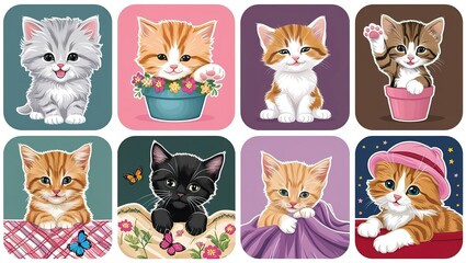 A set of four cute kitten stickers, each in a different adorable pose. Include a fluffy gray kitten, a playful orange tabby, a sleepy calico, and a curious black kitten, all with white borders. Cats.