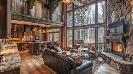 Luxurious rustic interior with high-end finishes and a warm, inviting atmosphere