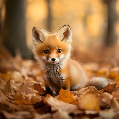 Obraz premium Curious Red Fox Kit Exploring Autumn Forest Floor Amid Fallen Leaves