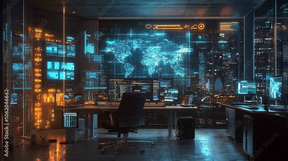 Poster A futuristic office interior with a large screen displaying a world map and various data visualizations.