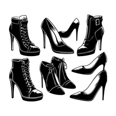 Ladies shoes Set silhouette vector, Shoes icon illustration, Women shoes silhouette fashion on a white background