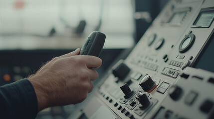 Deck Officer Coordinating with Crew Using Radio and Nautical Instruments