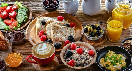 Breakfast served with coffee, eggs, cereals nd croissants