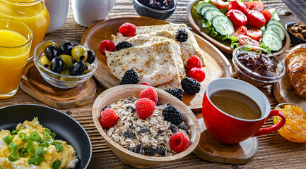 Breakfast served with coffee, eggs, cereals nd croissants