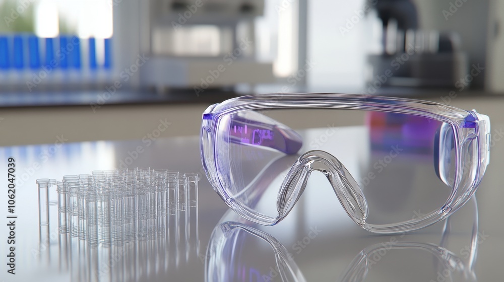 Poster realistic lab setup with safety goggles, lab coat, and precision pipette in detailed close-up on a s