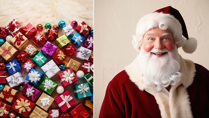 Santa Claus surrounded by a colorful pile of presents. Santa should be smiling joyfully, wearing his classic red suit, with a snowy background and twinkling holiday lights to enhance the festive soul.