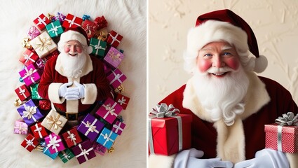 Santa Claus surrounded by a colorful pile of presents. Santa should be smiling joyfully, wearing his classic red suit, with a snowy background and twinkling holiday lights to enhance the festive soul.