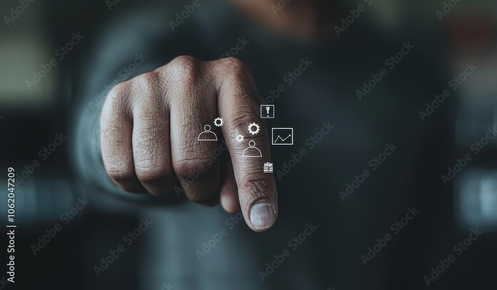 Poster Automation system using modern technology for managing business processes, with businessman hand touching wrench icon with round gears to depict operation of automation software