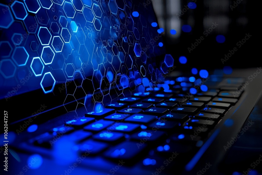 Poster Research concept with digitally connected node buttons on blurry background. Laptop on desktop with mesh. Double exposure.