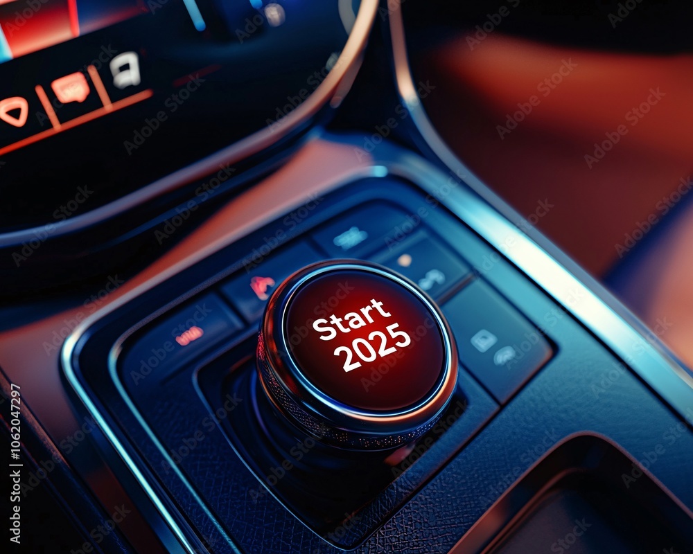 Poster close-up view of a modern car start button with illuminated 'start 2025' display, showcasing advance