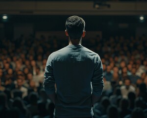A speaker addresses a large audience from the stage in a well-lit auditorium, creating an engaging atmosphere for public speaking or presentations.