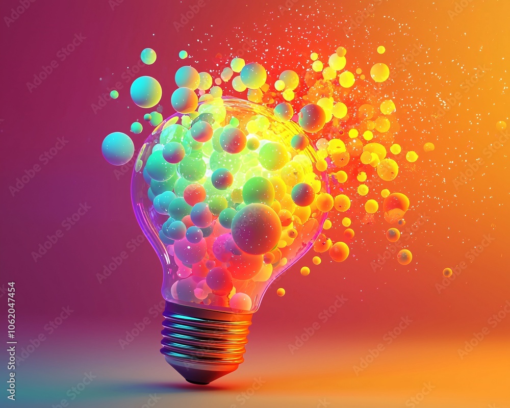 Poster a colorful light bulb bursting with vibrant spheres, creating a dynamic and energetic atmosphere. pe