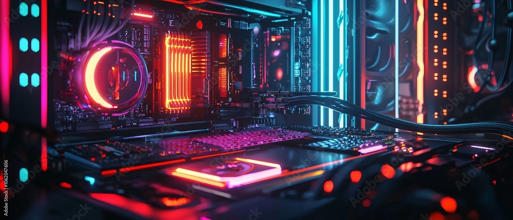 Poster futuristic computer motherboard with colorful lights and intricate details, showcasing advanced tech
