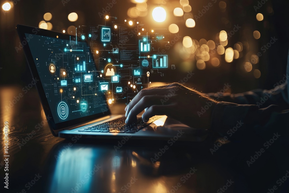 Poster In the future, a businessman will use a computer laptop connected to a smart AI screen device for chatting with stock chatbots.
