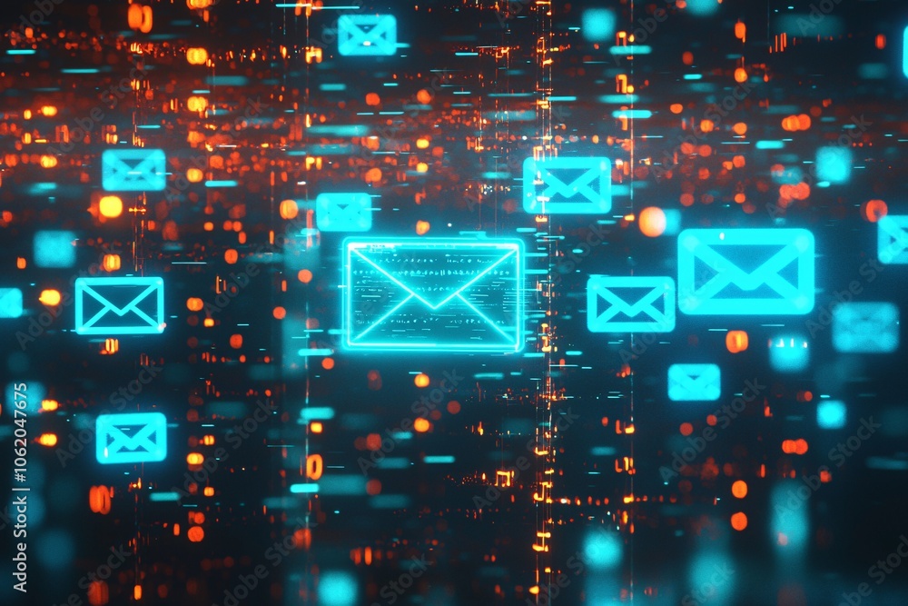Poster futuristic digital mail icons representing email communication, abstract visual of data flow and con