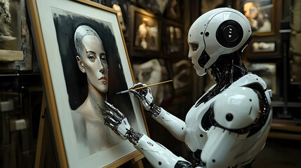 Fototapeta premium Robot Painting Portrait - Digital Illustration
