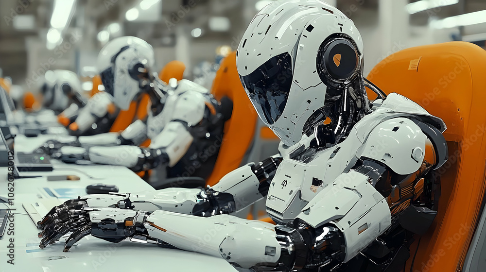 Aufkleber 3d illustration of futuristic robots working in a factory