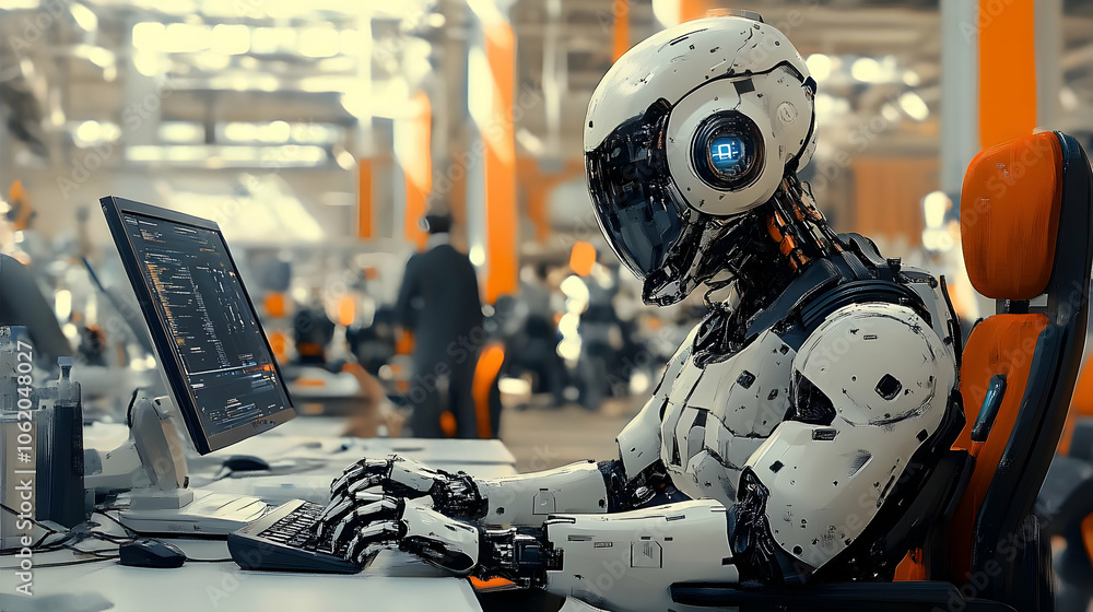Poster robot working at a computer - 3d illustration