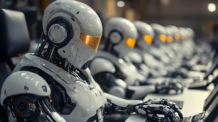 Fototapeta premium 3D Illustration of White Robots Working at Computers