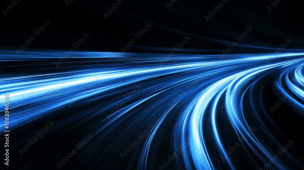 Poster a digitally generated image of blue light and stripes moving quickly over a black background