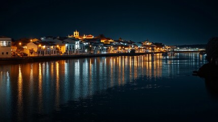 Obraz premium Tavira town on the Rio Gilao river at night, Algarve region 