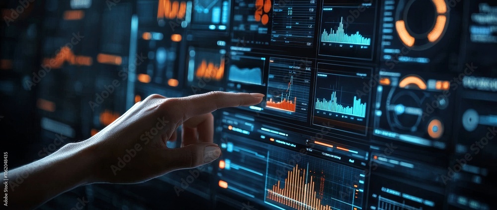 Aufkleber in the future, human fingertips touch a glowing display of high-tech data.