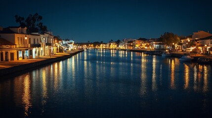 Fototapeta premium Tavira town on the Rio Gilao river at night, Algarve region 