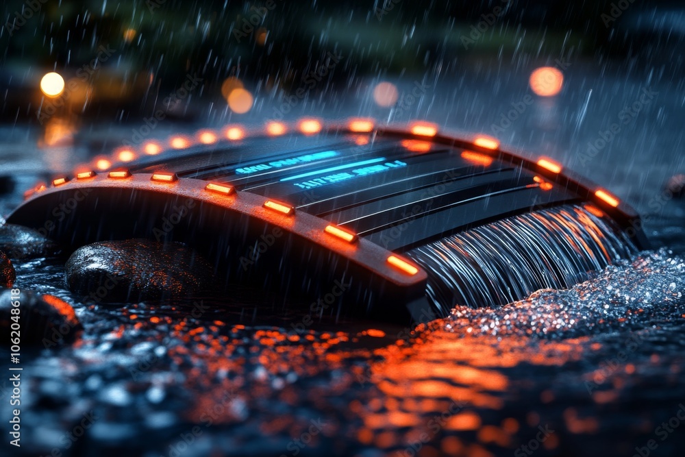 Poster Digital drainage system with holographic display showing flow direction, capturing the advanced and precise side of futuristic water control, symbolizing modernity and clarity