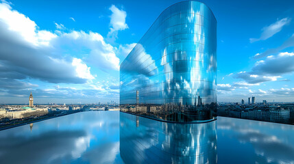 Fototapeta premium Modern Glass Building with Pool Reflection - Cityscape Illustration