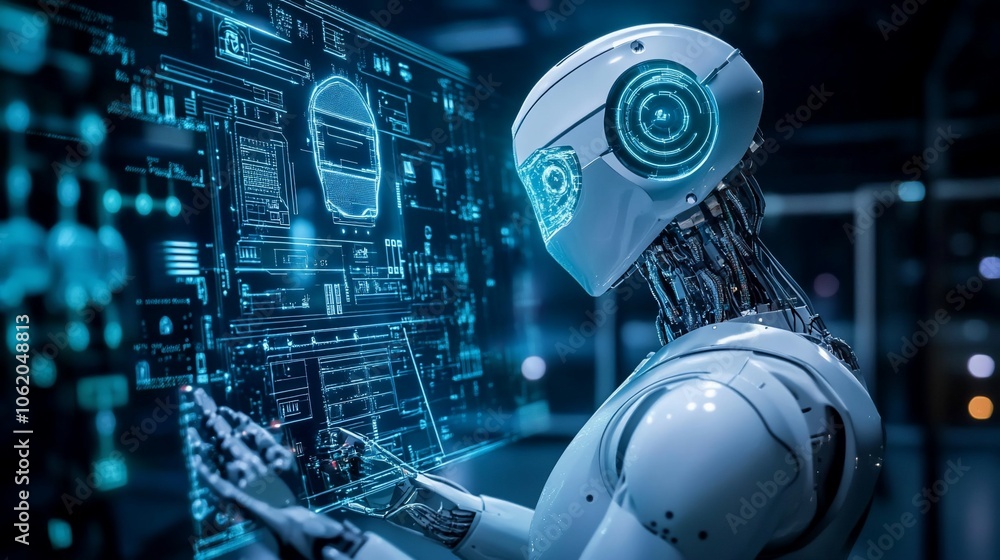 Poster a futuristic white robot with blue glowing eyes interacts with a digital interface.