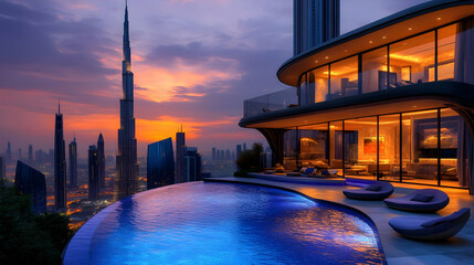 Obraz premium Luxury Penthouse Rooftop Pool with City Skyline View - 3D Illustration