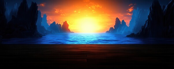 A serene lake surrounded by mountains, with a blue and orange sky casting a peaceful glow Calm water reflections, soft lighting, creating a harmonious and soothing atmosphere