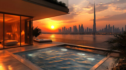 Obraz premium Rooftop Pool with City Skyline Sunset View - Illustration