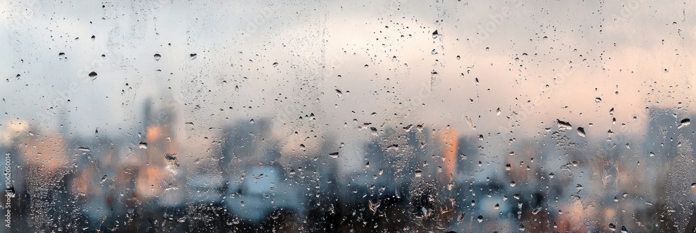Poster rain droplets on a window pane with an out of focus cityscape in the background.